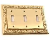Combination Switch & Outlet Plates: Brass Floral Triple Switch Plate