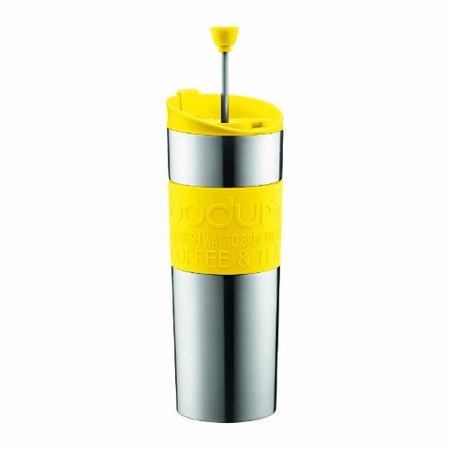Bodum Stainless Steel Vacuum Travel Press Coffee Maker with Yellow Silicone Grip, 16-Ounce