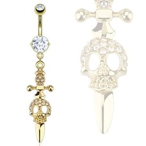 Skull Dagger Navel Ring- Gold Plated Skull Belly Ring (14GA) [Jewelry]