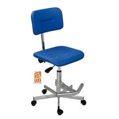 Arbeitsstuhl aus Edelstahl, Modell 5126, Sitz- und R�ckenteil aus PU-Schaum (Farbe blau), Hubbereich ca. 50 bis 69 cm, abklappbare Fu�st�tze aus Edelstahlrohr, Rollen mit weicher Radbandage