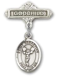 Sterling Silver Baby Badge with St. Sebastian/Cheerleading Charm and Godchild Badge Pin