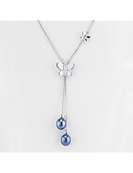 Monarch" Sterling Silver Butterfly Box Chain Necklace with Black Freshwater Cultured Pearls