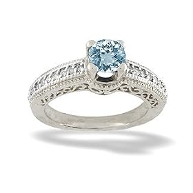 14K White Gold Genuine Round Aquamarine and Diamond Ring by Jewels For Me