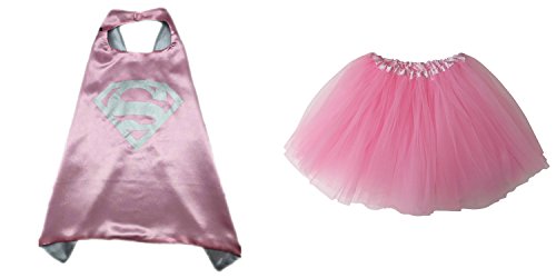 Superhero or Princess TUTU, CAPE, & MASK SET COMPLETE COSTUME - Kids Childrens Halloween (Supergirl - Pink & Gray)