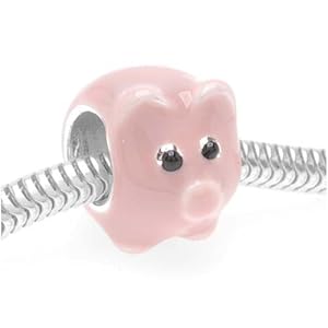 Silver Plated Pink Enamel Pig Large Hole Bead Fits Pandora