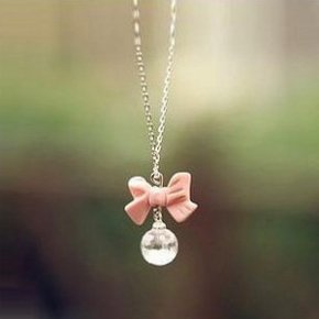Buyinhouse Feeling Adorable Cute Pink Bowtie Bowknot Pearl Rhinestone Pendant with Long Necklace