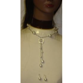 Multi Size Ivory Pearls and Sterling Silver Plated Medium Chain Necklace and Earrings