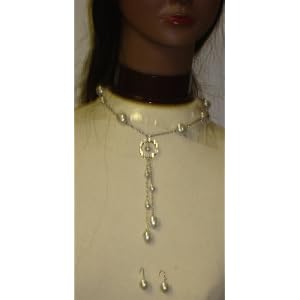 Multi Size Ivory Pearls and Sterling Silver Plated Medium Chain Necklace and Earrings