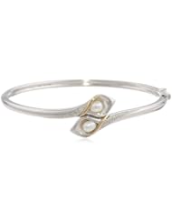 S&G Sterling Silver and 14k Yellow Gold Freshwater Cultured Pearl and Diamond Calla Lilly Bangle Bracelet