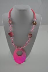 Necklace Oval Shell Pendant with Beads Pink, 3 inch extensions