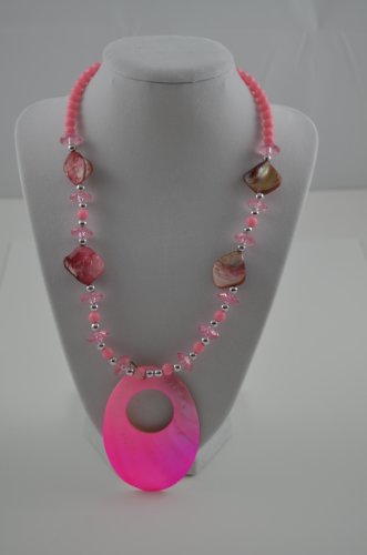 Necklace Oval Shell Pendant with Beads Pink 3 inch extensions