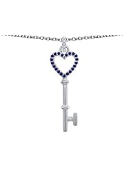 Original Star K (tm) Round Created Sapphire Heart Shape Key Pendant in 925 Sterling Silver