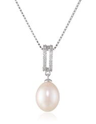 Sterling Silver Cubic Zirconia and White Oval Freshwater Cultured Pearl Pendant Necklace (9-9.5mm), 16.5+1.25"