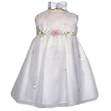 Fancy Girls Dress - White with Pastel Flowers and Matching Headband (6M - 4T)
