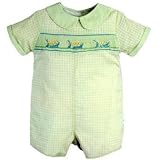 Grasshopper Smocking on Sage Green and White Plaid Romper by Petit Ami (12M - 24M)