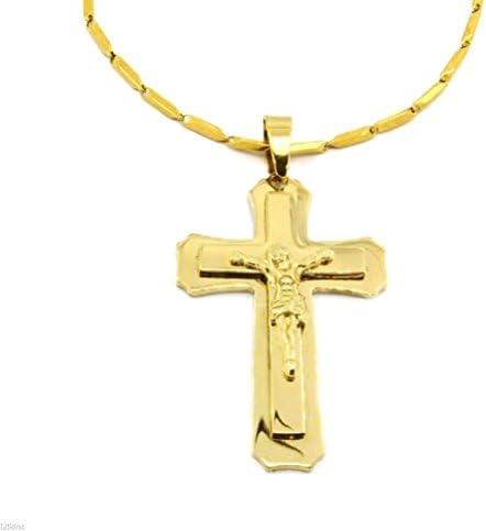 POPLife Men 24" Golden Stainless Steel 3Mm Box Chain Necklace Cross Pendant G7