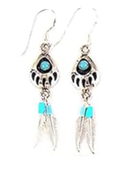 Turquoise, Sterling Silver Bearclaw Bear Claw Bearpaw & Feather Dangle Earrings