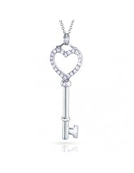 Bling Jewelry Pave CZ Open Heart Key Sterling Silver Pendant Necklace 18in