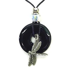 Onyx Circle and Pewter Dragonfly Pendant - Onyx and Diamond Cut Pewter Necklace