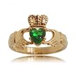 Emerald Claddaugh Celtic Ring in Solid 14 Karat Yellow Gold