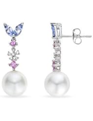 Michiko-7/8 Carat Pink Sapphire, Tanzanite, Diamond and Cultured Pearl 14K White Gold Earrings