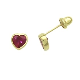 14K Gold Stud Earring red cz Heart Yellow Gold Earring With Screw-Back For Kids & Teens