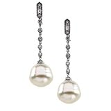 0.33 Ct.T.W. Round Brilliant Cut and Baguette Cut Diamonds, South Sea Cultured Pearls, 14K White Gold. South Sea Cultured Pearl & Diamond Earrings