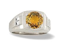 14K White Gold Genuine Round Citrine and Diamond Men's Ring