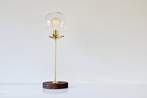 Globe Table Lamp, Brass and Wood With A Clear Glass Shade