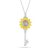 10k White Gold Brown Diamond and Yellow Enamel Sunflower Key Pendant (1/10 cttw, I-J Color, I2-I3 Clarity), 18