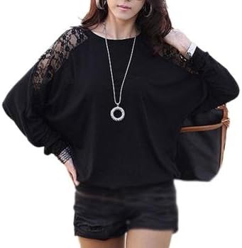 Black Women Fashion Long Batwing Sleeve Loose Casual Lace T-shirt Top Blouse M