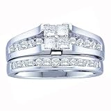1 Carat Princess Round Diamond 14k White Gold Bridal Set