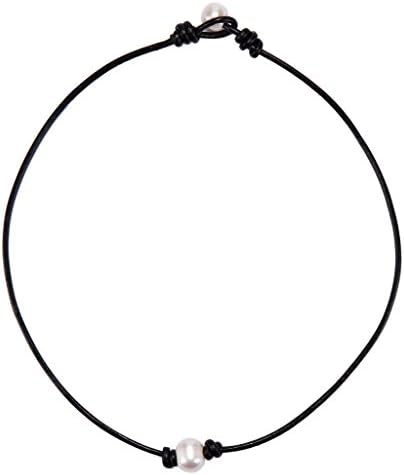 Pearl Choker Genuine Leather Necklace for Women Roseate Handmade Black 14"