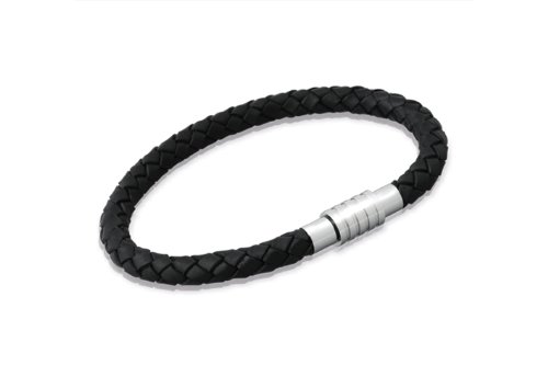 Unique Men 21cm Black Leather Bracelet with Magnetic Stainless Steel Screw Clasp