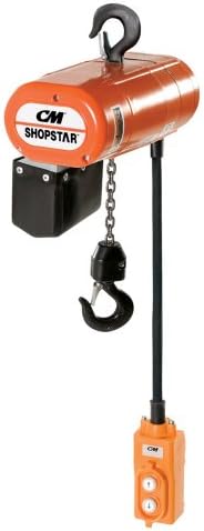 CM ShopStar Electric Chain Hoist, Three Phase, Hook Mount, 250 lbs Capacity, 10' Lift, 16 fpm Max Lift Speed, 0.167 HP, 7/8" Hook Opening, 460V