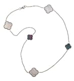 Sterling Silver Black and White Mother of Pearl Clover Necklace, 20"