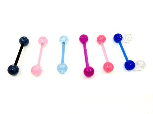 Nicedeco Set Of 7 Mix Colours Bioflex Tongue Studs With UV GLITTER Acrylic Balls Tongue Bars - 14G 16 x 1.6MM Body Jewellery - Body Bars
