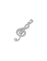 Sterling Silver Music Note Clef Clear CZ Pendant Classic Charm Pure 925 New 34mm with 1.3mm Curb Chain