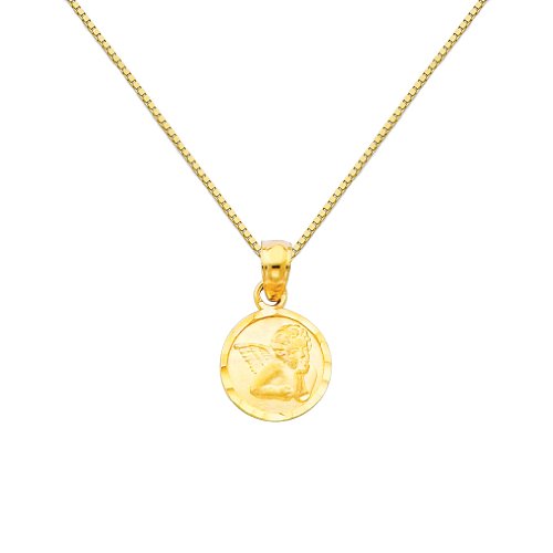 14K Yellow Gold Religious Angel Charm Pendant with Yellow Gold 0.65mm Box Link Chain Necklace with Spring Ring Clasp - Pendant Necklace Combination (Different Chain Lengths Available)