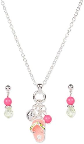 Ponce Girls Flip Flop Sandal Summertime Fun Beadsed Enamel Necklace Earrings Set