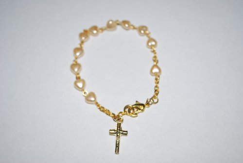 Cream Heart Pearl Childrens Gold Jewelry Girls Rosary Bracelet. Perfect for Christmas, First Communion, Easter, Graduation, Sunday Dress, Christening or Birthday.
