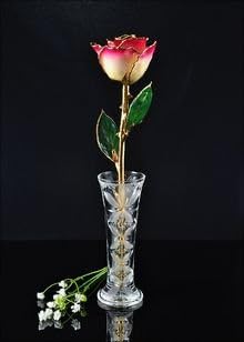 Roses with Crystal Vase, Gold Trimmed White Burgundy Rose