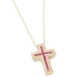 14K Gold Emerald or Ruby & Diamond Cross Pendant w/ 18 Chain