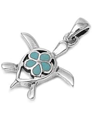 Sterling Silver Turquoise Turtle & Plumeria Pendant Cute Charm Pure 925 New 24mm with 1mm Box Chain