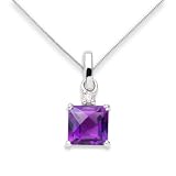 Amethyst Necklace, 9ct White Gold, Diamond and Amethyst Square Cushion Cut Pendant, by Miore, USP012P5W