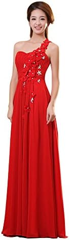 Vogue008 Womens One Shoulder Chiffon Floor-length Formal Dress with Flower-18WB-Red