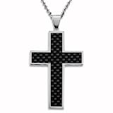 Stainless Steel Large Cross with Black Carbon Fiber Inlay on 24 inch Ball Chain