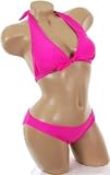 Sexy Bathing Suit Hot Pink Rhinestone Heart Halter Top Bikini Swimsuit 3pc with Matching Skirt Set