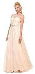 A-line Round Neck Beaded Illusion Open-Back Gathered Full Length Polyester Prom Dress 