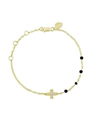 Meira T Solid 14K Yellow Gold Cross Accented with Diamonds and Black Spinellle Beads Chain Bracelet